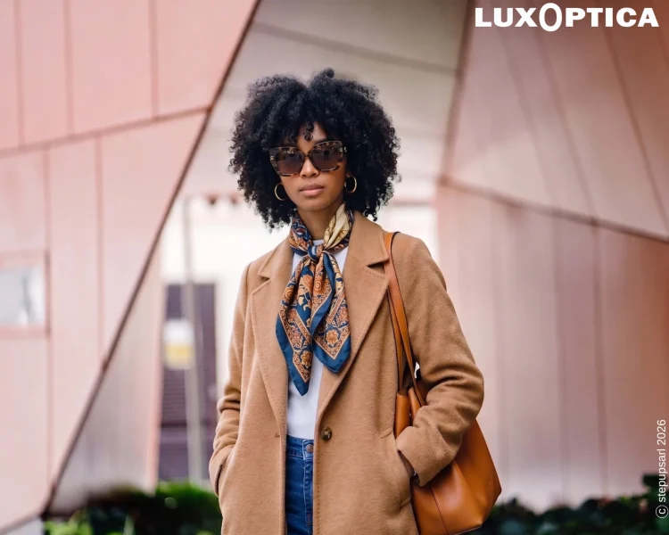Femme portant des lunettes de soleil pour éviter les yeux secs en hiver.